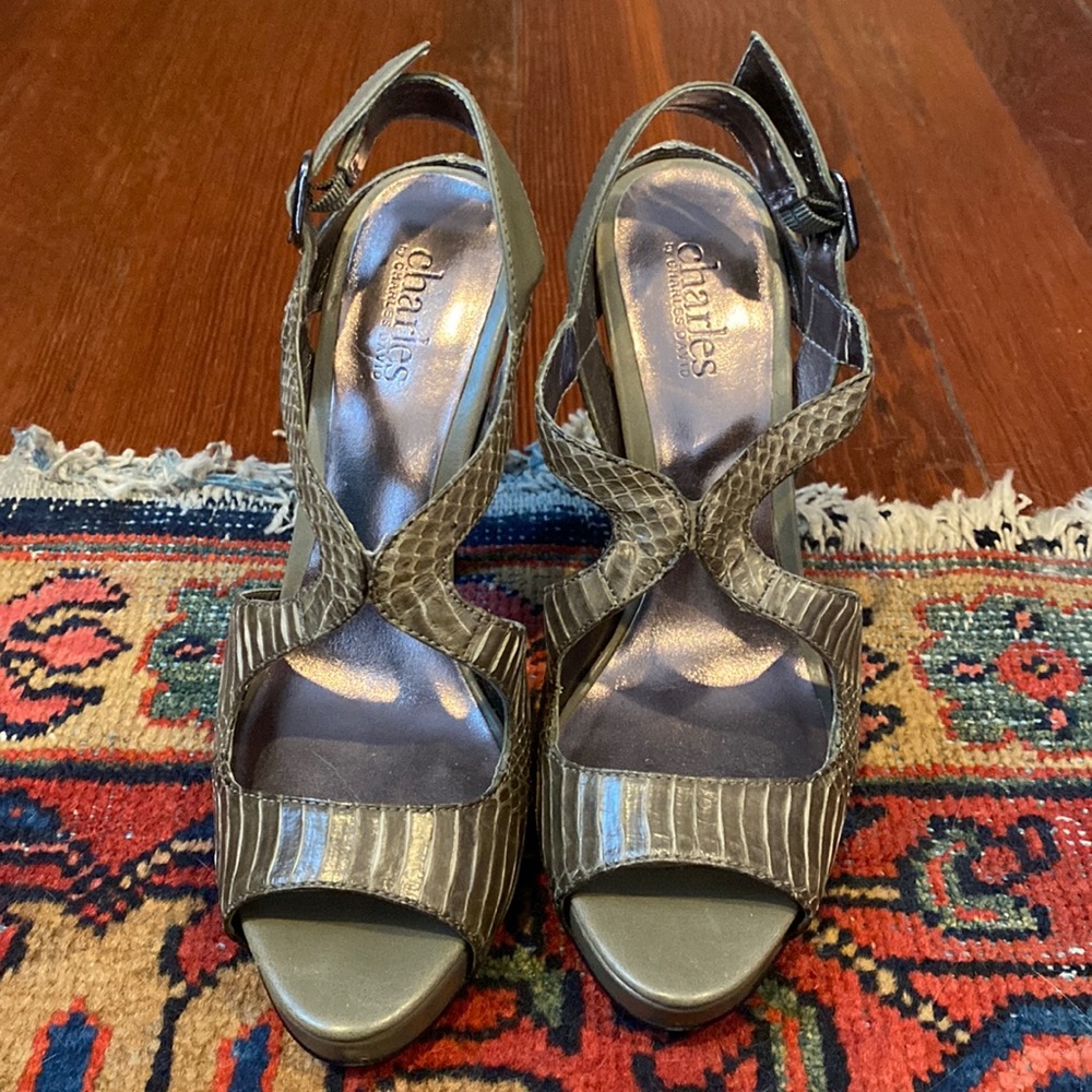 Gray snakeskin heels